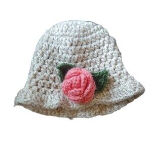 Hand Crocheted Beige Flower Toddler Girl Hat